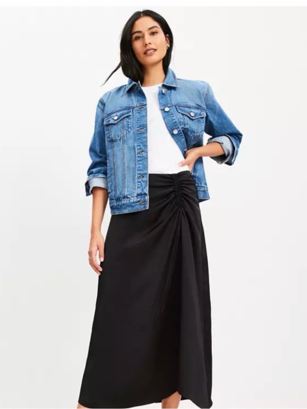LOFT Petite Black Satin Ruched Midi Skirt Petite Size 0